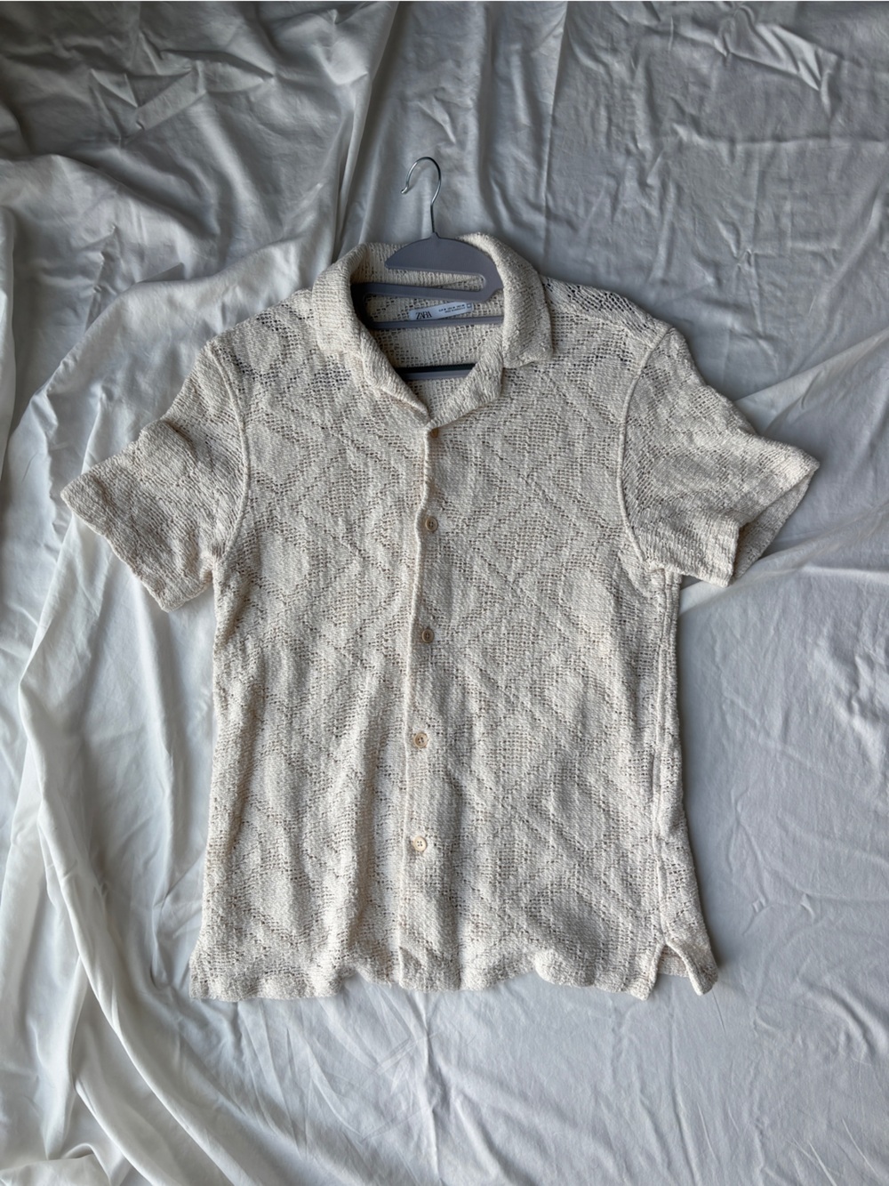 Zara Cream Short-Sleeve Button-Down Knit Top